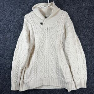 Aran Crafts Ireland Merino Wool Cable Knit Shawl Collar Sweater Cream Mens L